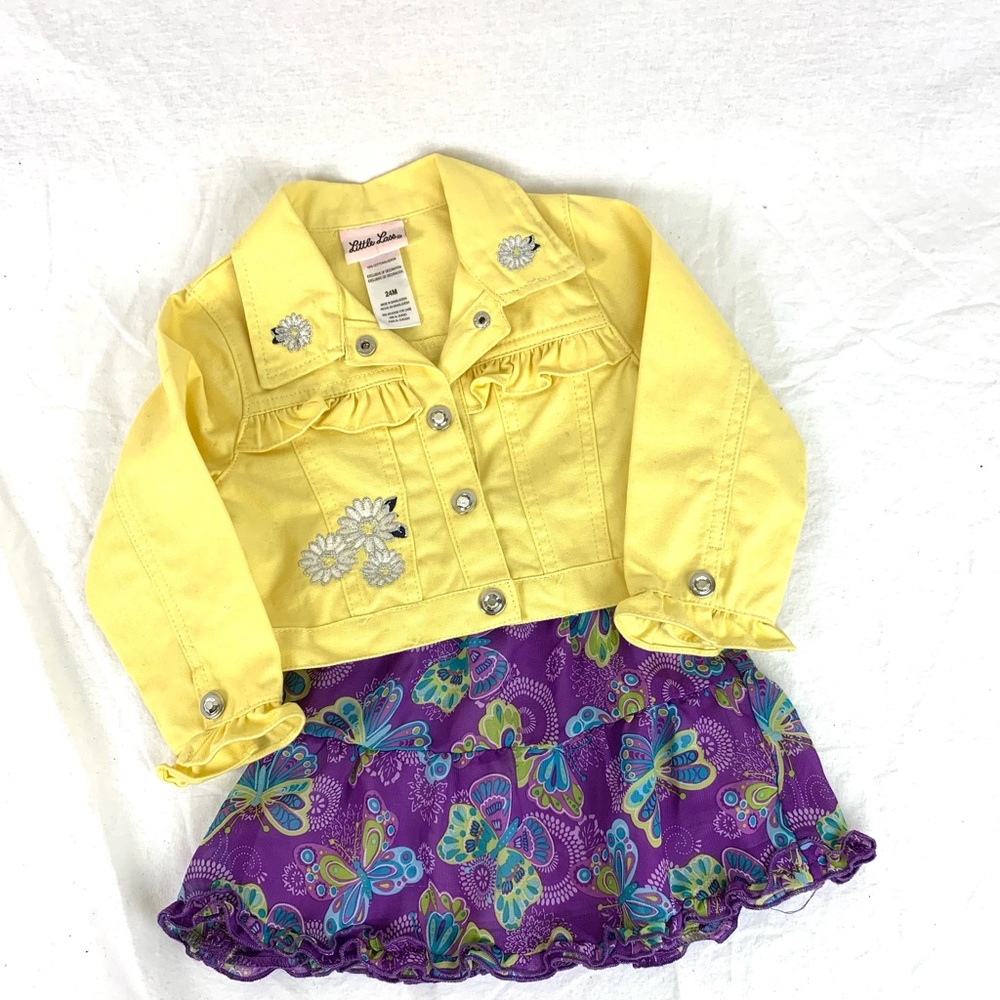 Darling Little Lass Yellow Jean Jacket with Purple Butterfly Skirt 24 months